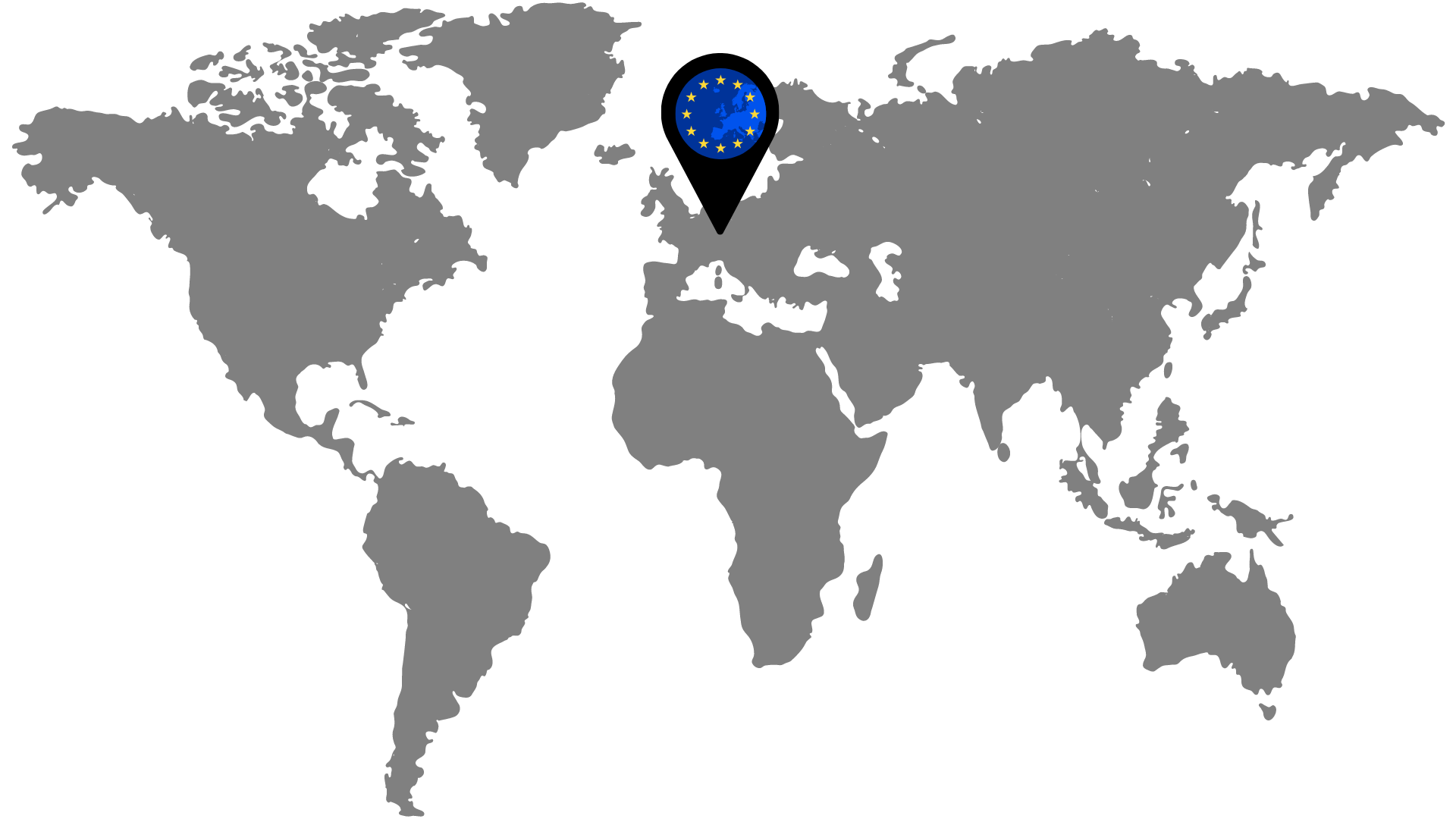 Weltkarte mit einem Marker über Europa, symbolisiert durch einen Pin mit dem Sternenkreis der Europäischen Union, der die Notwendigkeit einer EU-Adresse für ausländische Unternehmen darstellt.