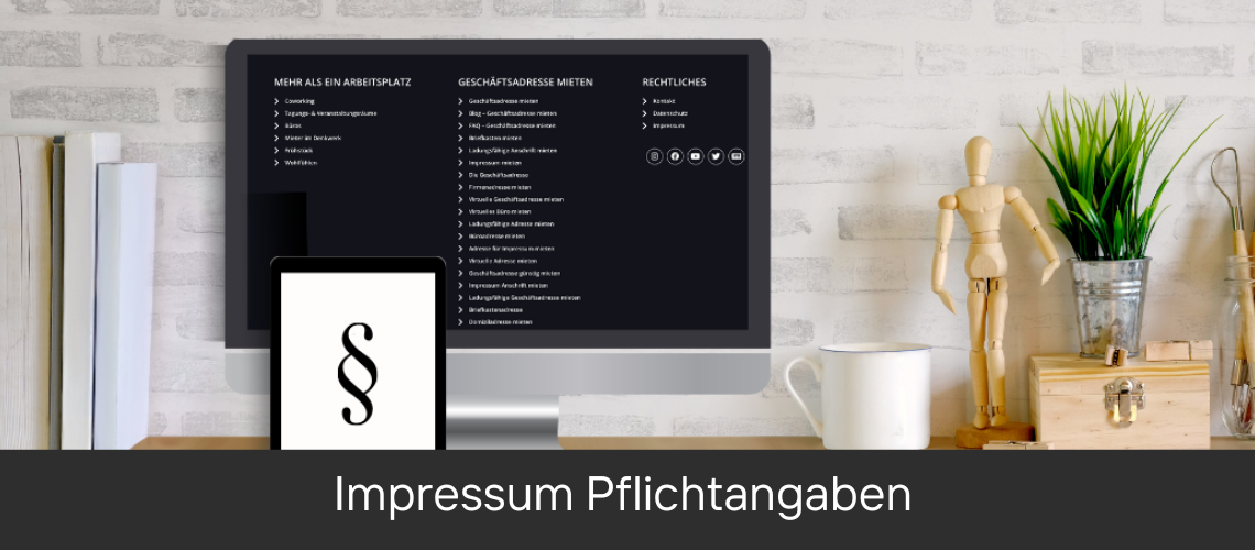 Ein modern eingerichteter Arbeitsplatz mit einem Tablet, das eine Webseite mit der Überschrift "Impressum Pflichtangaben" zeigt.
