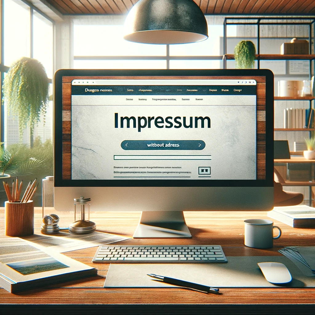 Computerbildschirm zeigt eine Webseite mit dem Titel 'Impressum ohne Adresse', platziert in einem gut