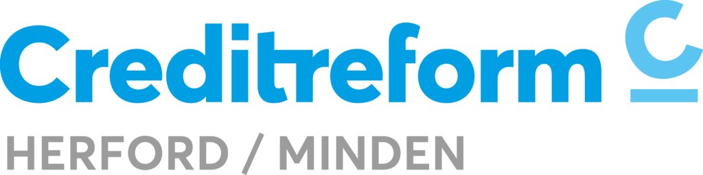 Creditreform Logo mit blauem Schriftzug und dem Standort Herford/Minden in grauer Schrift