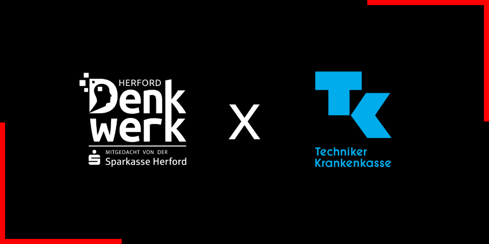 Kooperationsgrafik: Denkwerk Herford und Die Techniker Krankenkasse mit Logos auf schwarzem Hintergrund, verbunden durch ein ‚X