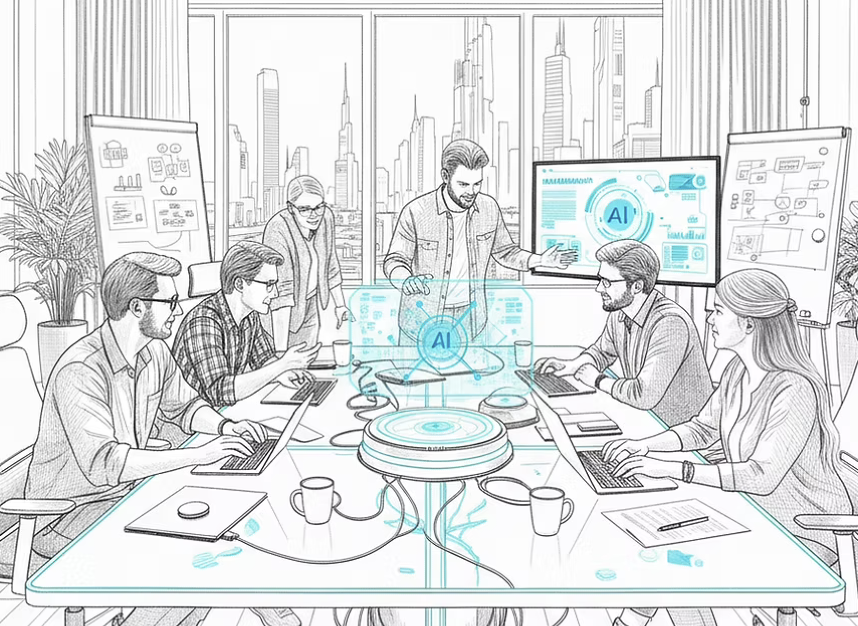 Illustration eines Workshops im KI Future Lab: Teilnehmende arbeiten gemeinsam an Laptops und diskutieren Anwendungen von Künstlicher Intelligenz.