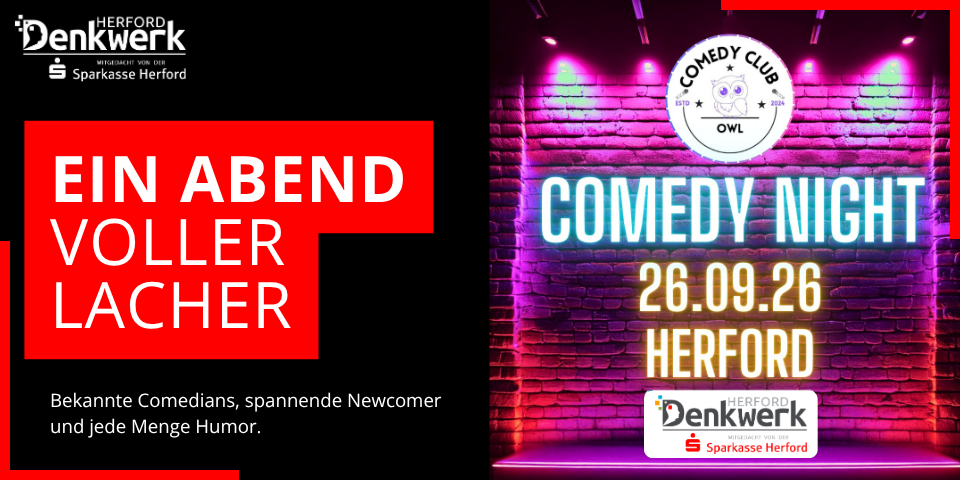 Comedy Night am 26.09.2026 im Denkwerk Herford mit dem Slogan ‚Ein Abend voller Lacher‘ sowie Veranstaltungsplakat des Comedy Club OWL.