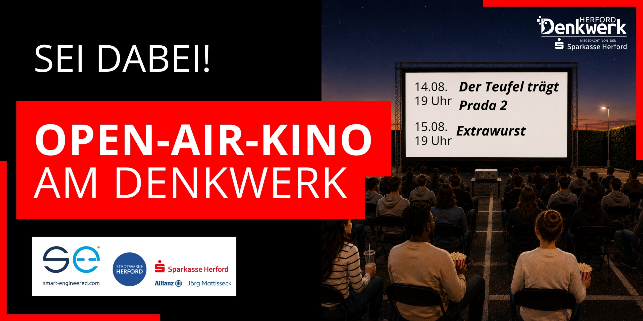 Werbegrafik zum Open-Air-Kino am Denkwerk in Herford mit Publikum vor einer Kinoleinwand unter freiem Himmel.