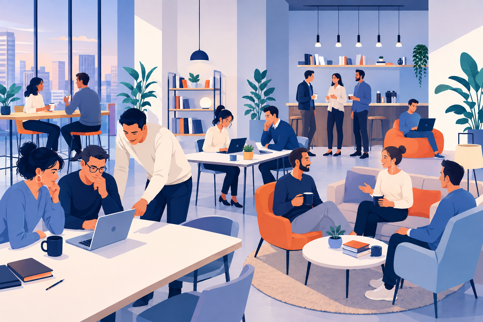 Illustration eines modernen Coworking-Spaces mit arbeitenden und sich austauschenden Menschen in entspannter Atmosphäre